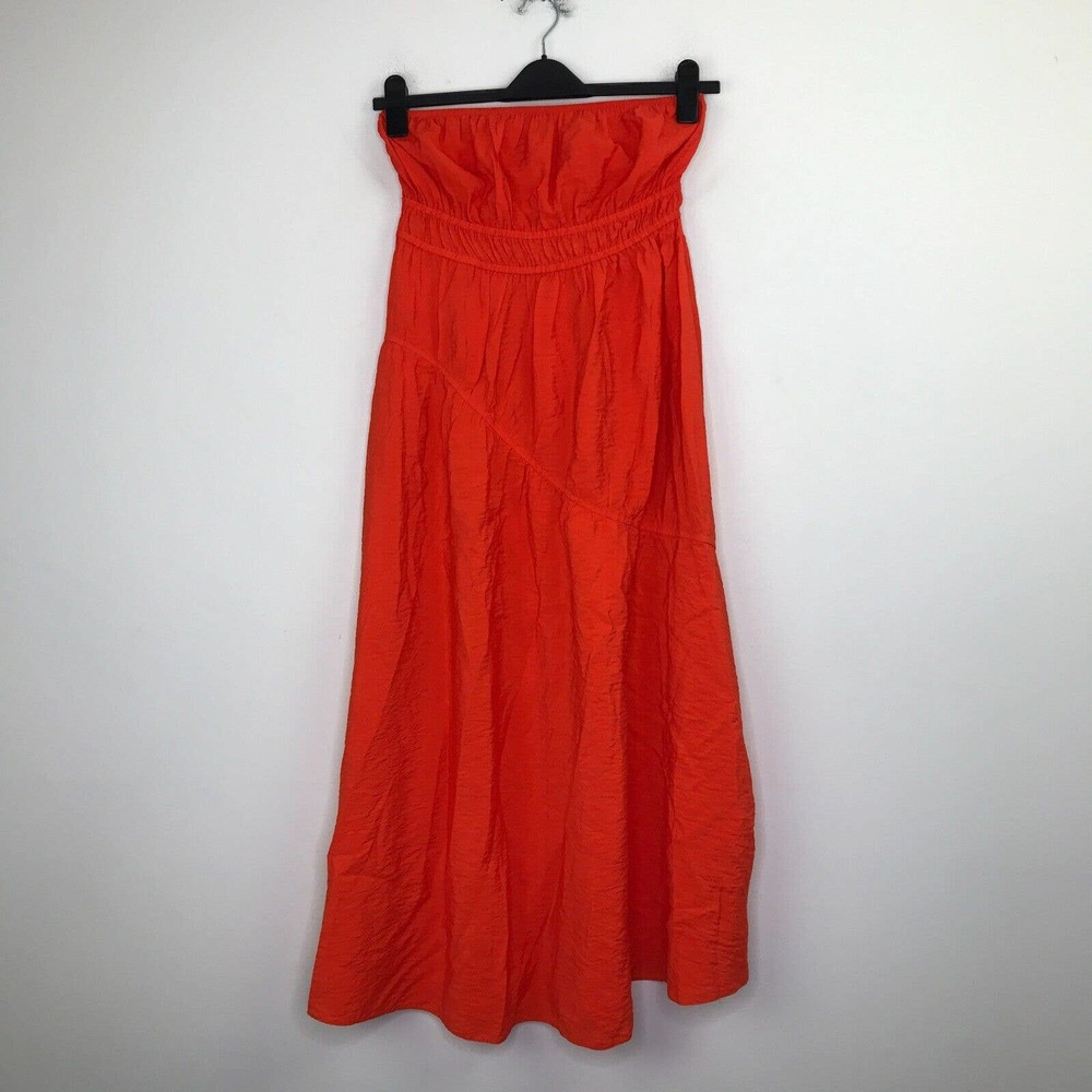 Topshop Women's 6 Dress Red Ruched Front Casual Bardot Strapless Midi - no tag